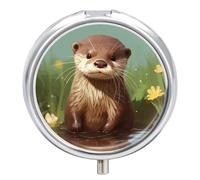 Cute Otter Pill Box Medicine Pill Organizer 3 Compartment Daily Pill Case Small Pill Container Round Pill Holder Travel Pill Box Metal Pill Case for Purse Pocket