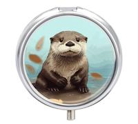 Cute Otter Pill Cases Round Pillbox with 3 Compartments Portable Travel Pill Organizer Box Mini Metal Pill Holder and Vitamin Containers for Fish Oil & Supplements
