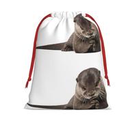 Cute Otter Print Christmas Drawstring Gift Bags, Xmas Holiday Fabric Gift Wrapping Bag For Party, Size-L