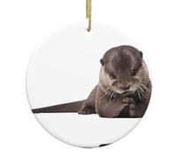 Cute Otter Print Christmas Tree Ceramic Hanging Decorative Ornaments – Round Keepsake for Xmas, Home Party, Holiday