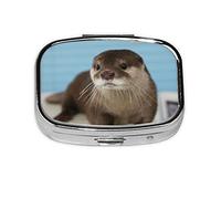 (Cute Otter) Square Pill Box with 2 Compartment Small Pill Organizer Portable Pill Case Vitamin Containers, Travel Essentials 5.5x4x1.8 cm