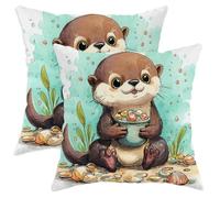 Cute Otter Throw Pillow Covers Set of 2, Aqua Blue Sea Animal Decorative Cushion Covers for Kids Room Sofa Bed Couch 22x22 Inch