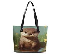 Cute Otter Tote Bag Large Soft Leather Purse with Zipper Lightweight Ladies Shoulder Handbag