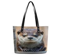 Cute Otter Tote Bag Large Soft Leather Purse with Zipper Lightweight Ladies Shoulder Handbag