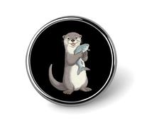 Cute Otter with Fish Round Badge Pin Metal Memorial Brooch Button Lapel Pins for Backpack Wedding