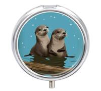 Cute Otters Round Pill Box 3 Compartment Medicine Pill Organizer with Mirror Travel Small Pill Case Cute Vitamin Organizer Portable Daily Pill Container for Pocket Purse