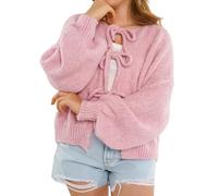 Cute Oversized Cardigan Sweaters For Women,open Front Tie Sweaters Women Cardigan, Long Sleeve V Neck Bow Tie Front Cadigan Knitwears Bow Tops Fall Winter Loose Chunky Knit Outerwear Coat(Pink,M)