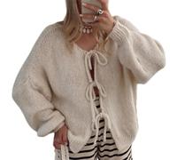 Cute Oversized Cardigan Sweaters For Women,open Front Tie Sweaters Women Cardigan, Long Sleeve V Neck Bow Tie Front Cadigan Knitwears Bow Tops Fall Winter Loose Chunky Knit Outerwear Coat(BGE,S)