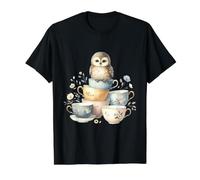 Cute Owl Illustration with Stacked Vintage Tea Cups Value Graphic T-Shirt, Men, Black, L