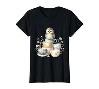 Cute Owl Illustration with Stacked Vintage Tea Cups Value Graphic T-Shirt, Women, Black, S