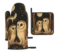 Cute Owl in Moonlit Mushroom Oven Mitts and Pot Holders 3pcs Set Heat Resistant Kitchen Gloves