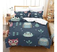 Cute Owl Pattern 3 Piece Polyester Fabric Cartoon Forest Design Duvet Cover Set, Pair of Pillow Cases, Concealed Zip, New Home Buyers, All Season Durable Long Lasting Breathable Super King（260x220cm）