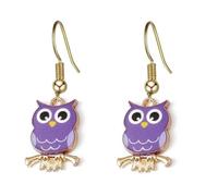 Cute Owl Pendant Dangle Drop Small Earrings with Gold Hooks, Come in Assorted Shades to Choose From (Purple and Lilac)