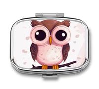 Cute Owl Pill Box 2 Compartment Portable Travel Pill Case with Mirror Square Metal Medicines Storage Container Pocket Medicine Box to Hold Vitamins Fish Oil