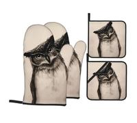 Cute Owl Printed Pot Lid Gloves Set (500°F Heat Resistant) - Baking Oven Gloves, Kitchen Cooking Heat Insulation Artifact