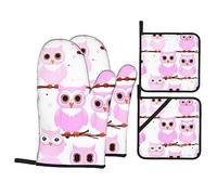Cute owl Printed Silicone Gloves 4-Piece Set Anti-scalding Oven Baking Gloves Pot Cover BBQ Cooking Gloves