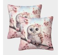 Cute Owl Sitting-spring Cherry Blossoms Art Pillow Covers 2 Pack Cozy Pillowcase Art Cushion Case Polyester Decor for Couch Livingroom 40x40cm