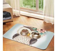Cute Owl with Flowers Pet Feeding Mat Absorbent Pu Leather Dog Cat Food Mats Contain Spills Protects Floors, Anti-Slip Rubber Backing Dog Bowl Mats Easy Clean Pet Placemats 30x45cm