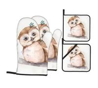 Cute Owl with Flowers Printed Pot Lid Gloves Set - Baking Oven Gloves, (500°F Temperature Resistant) Kitchen Cooking Heat Insulation Artifact