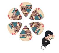 Cute Owls Guitar Picks 6 Pack, 0.46mm Thickness Celluloid Bass Pick with Leather Guitar Pick Holder Keychain Abstract Art Pics Plectrum for Acoustic Electric Guitar, Ukulele, Bass