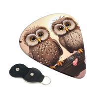 Cute Owls Guitar Picks 6 Pack with Leather Guitar Pick Holder Keychain, Plectrum Key Fob Cases Bag, Abstract Art Plectrum for Acoustic Electric Guitar, Ukulele 0.96mm