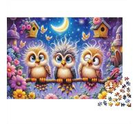 Cute Owls Night Garden 1000 Piece Jigsaw Puzzle Three Owls Night Sky for Adults Educational Game Beautiful Decoration Difficult Challenging Birthday Gifts 70x50cm