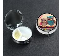 Cute Owls Pill Box with Mirror 3 Compartment Decorative Pill Case for Purse or Pocket Small Round Pill Organizer Weekly Metal Medicine Tablet Vitamin Holder Travel Gift