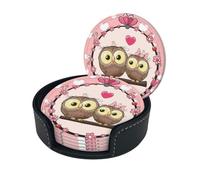 Cute Owls Print Coasters For Drinks With Holder Set Of 6, Pu Leather Coasters Drink Coasters Cup Pad Mats