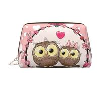 Cute Owls Print Premium Leather Toiletry Travel Pouch with Waterproof Portable Pouch Open Flat Makeup Bag