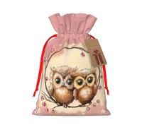 Cute Owls Printed Christmas Drawstring Gift Bags-Xmas Wrapping Bags,Candy Bag,For Holiday Party Decorations,Wedding Party Supplies M Red Ribbon