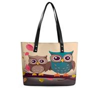 Cute Owls Tote Bag Large Soft Leather Purse with Zipper Lightweight Ladies Shoulder Handbag