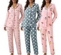 Cute Pajama Set Women Strawberry Pajamas Women Sweet Lovely Loungewear Long Sleeve Shirts Tops 2 Piece Sleepwear Casual Outfits Pjs Comfortable Lightweight Nightwear Lapel Pajamas Pyjamas Suits