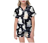 Cute Pajamas for Kids Halloween Matching Printed Shirt and Pant Sleepwear Set with Pockets Perfect for Sleepovers and Movie Nights (Red, 12-13 Years)