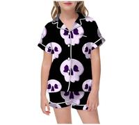 Cute Pajamas for Kids Halloween Matching Printed Shirt and Pant Sleepwear Set with Pockets Perfect for Sleepovers and Movie Nights (Black, 8-9 Years)