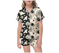 Cute Pajamas for Kids Halloween Matching Printed Shirt and Pant Sleepwear Set with Pockets Perfect for Sleepovers and Movie Nights (White, 8-9 Years)