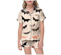 Cute Pajamas for Kids Halloween Matching Printed Shirt and Pant Sleepwear Set with Pockets Perfect for Sleepovers and Movie Nights (Khaki, 8-9 Years)