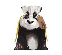 Cute Panda 1 Printed Christmas Drawstring Bags for Xmas Gift Wrapping, Yellow Christmas Ribbon, S