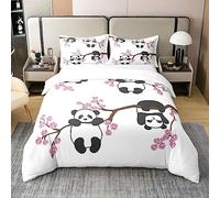 Cute Panda 100% Cotton Duvet Cover for Boys Children Cartoon Giant Panda Bedding 100% Cotton Set Cherry Blossoms Decor Lover Animal Quilt Cover Bedroom Collection 3Pcs King Size Zipper