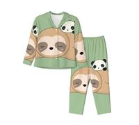 Cute Panda And Sloth Women'S Long-Sleeved Pajama Set Tops And Pants Nighttime Sleep Relax Lazy Weekend Black