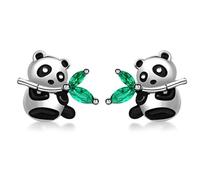 Cute Panda Bamboo Green Rhinestone Stud Earrings Small Black Enamel Bear Crystal Leaf Cartilage Tragus Studs Adorable Sweet Jewelry for Women Sister Animal Lovers