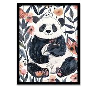 Cute Panda Bear in Flower Garden Bright Simple Framed Wall Art Artery8 Pink W12 inch x H16 inch