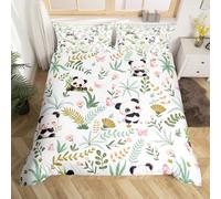 Cute Panda Bedding Set King Size for Teens,Kawaii Black White Panda Leaves Plant Comforter Cover with 2 Pillowcases,Cartoon Animal Pink Butterfly Duvet Cover Set Microfiber Quilt Cover