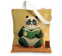 Cute Panda Canvas Tote Bags, Adorable Animal Print Reusable Shopping Bags, Fun Lightweight Washable Shoulder Strap Canvas B, Yellow, 13x15 Inch