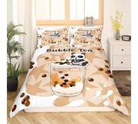Cute Panda Duvet Cover Single Size,Coffee Bubble Milk Tea Comforter Cover with 1 Pillowcase for Boys Girls,Modern Stars Cartoon Soft Bed Cover Room