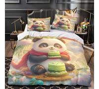 Cute panda eating cake 3D Printing Quilt Cover 3pcs Microfibre Anti-Fade Breathable Light Fantasy cartoon Comforter Cover 2 Pillowcases Zip Closure Bed Set Teenagers & Adults Single (135x200cm)