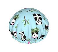 Cute Panda Eating Green Leaves Waterproof Shower Cap,Elastic Bathing Hair Cap Environmental Protection Hair Bath Caps, Double WaterproofBathing Shower Hat