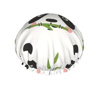 Cute Panda Face and Bamboo Double Layered Women'S Long Hair Waterproof Cartoon Pattern Shower Cap