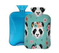 Cute Panda Face Floral Hot Water Bottle with Cover, 2L PVC Hot Water Bag with Soft Cover, Reusable Heating Pad for Pain Relief Warm Hands Waist Abdomen Feet & Bed