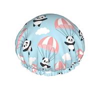 Cute Panda Flying In The Sky Pattern Shower Cap & Bath Cap For Women,Reversible Oversized Waterproof Shower Caps Large Designed For All Hair Lengths,Elastic Reusable Bathing Hair Cap