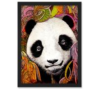 Cute Panda In Bright Colourful Pattern Jungle Leaves Illustration Artwork Framed Wall Art Print A4 Artery8 Black One Size